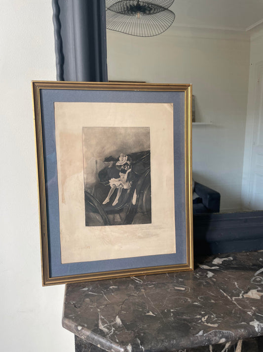 Karl Wagner (1839 - 1929) "jeune fille dans sa calèche" gravure signée manuscritement