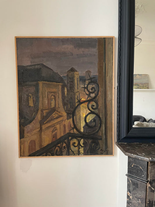 Louis Peyré (1923 - 2012) "Vu du balcon : Le clocher de Saint-Nicolas-du-Chardonnet de nuit" peinture