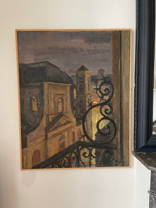 Louis Peyré (1923 - 2012) "Vu du balcon : Le clocher de Saint-Nicolas-du-Chardonnet de nuit" peinture