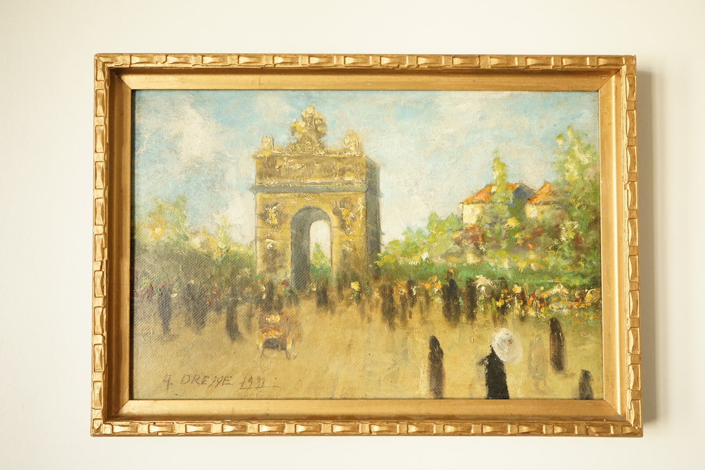 A.Dreqqe "Un dimanche à l'Arc de Triomphe" Peinture sur bois 1939
