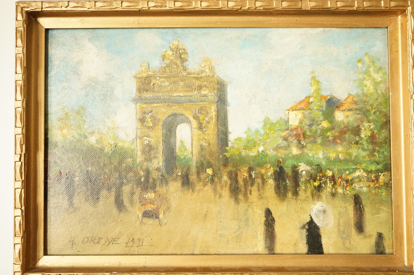 A.Dreqqe "Un dimanche à l'Arc de Triomphe" Peinture sur bois 1939