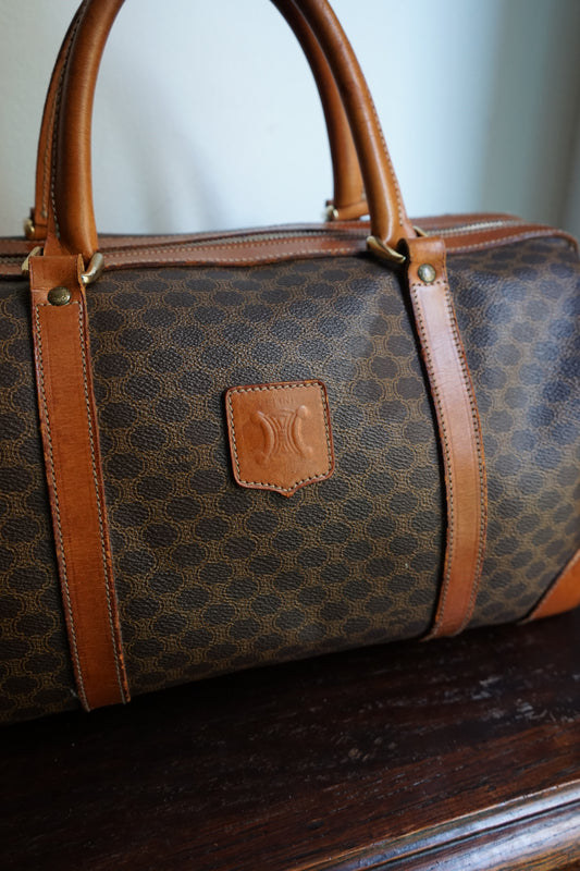 Sac à main Céline modèle Bowling vintage toile et cuir marron/camel