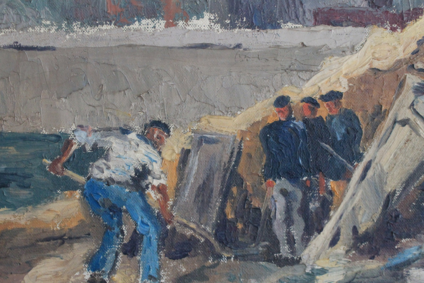 Peinture huile sur toile "Les ouvriers devant Notre-Dame de Paris" 1932