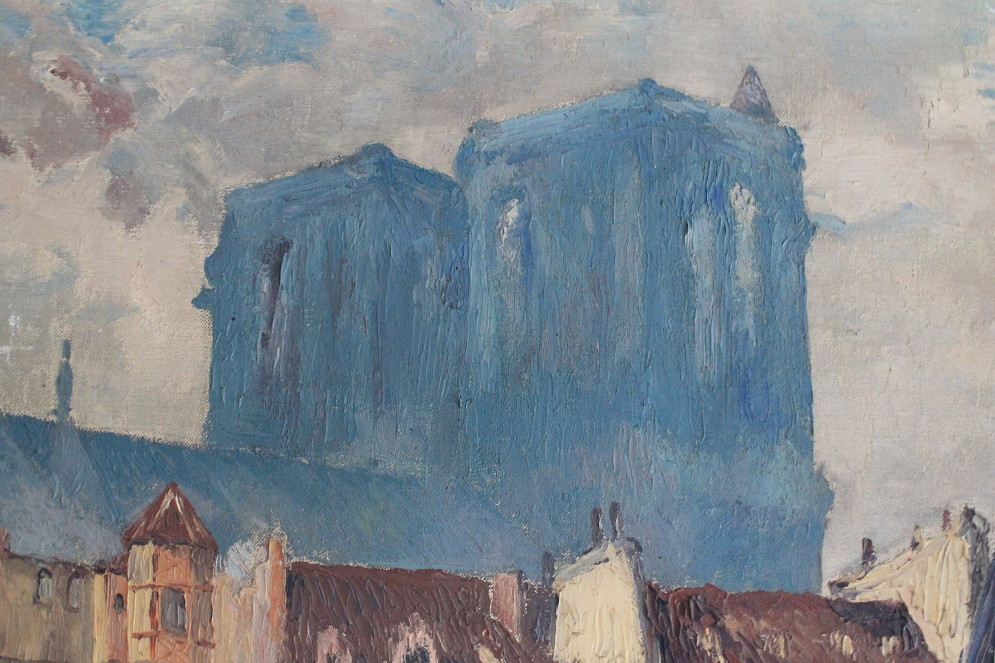 Peinture huile sur toile "Les ouvriers devant Notre-Dame de Paris" 1932