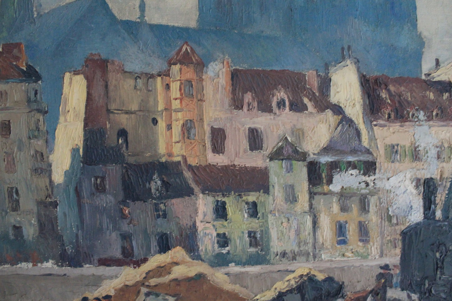 Peinture huile sur toile "Les ouvriers devant Notre-Dame de Paris" 1932