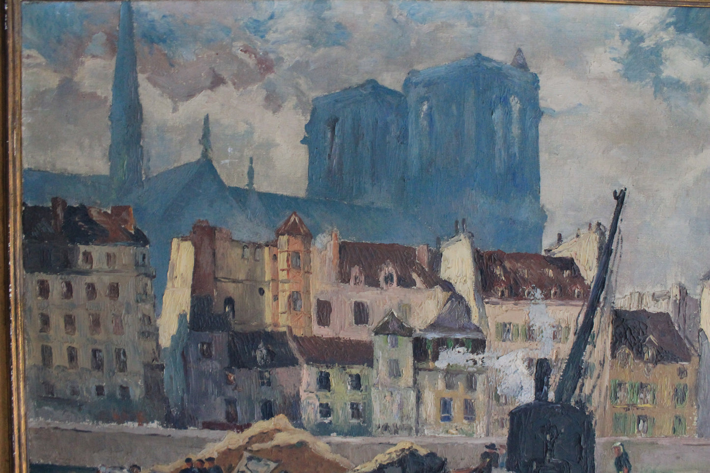 Peinture huile sur toile "Les ouvriers devant Notre-Dame de Paris" 1932