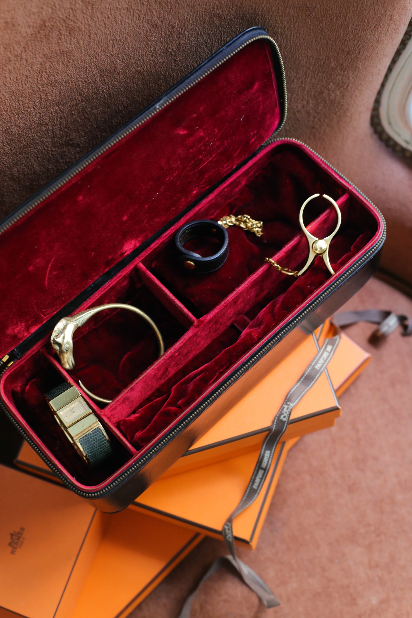 Hermès coffret à bijoux de voyage en cuir box noir