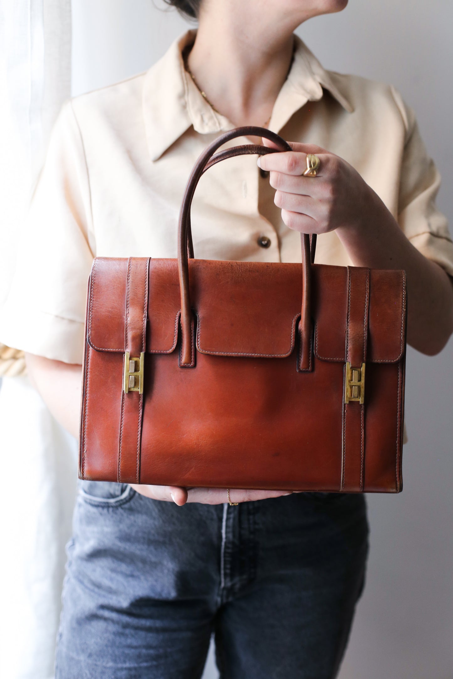 Hermès sac à main modèle Drag en cuir marron vintage