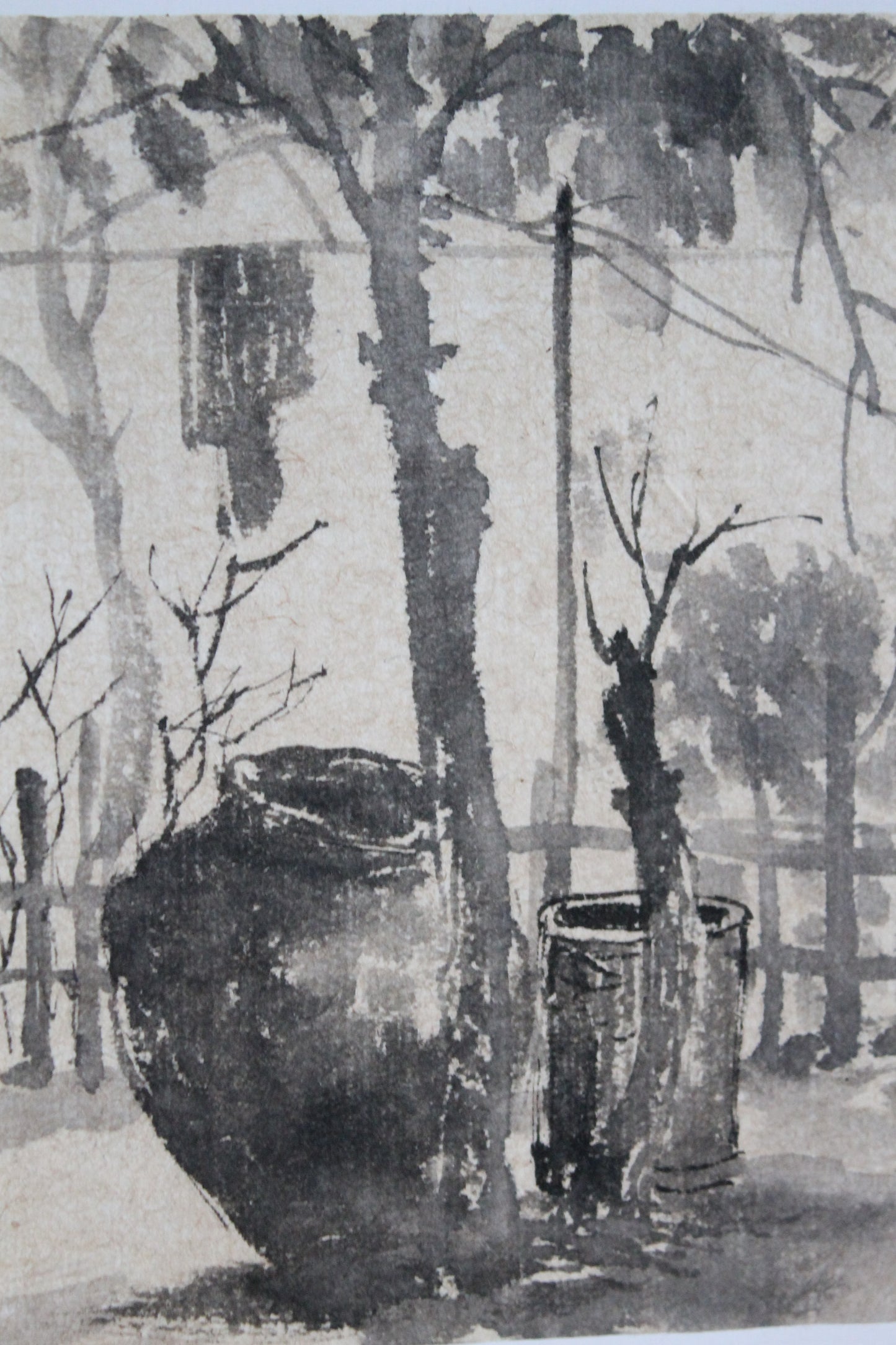 Tran Tu Thanh (1943) "Jardin vietnamien avec les coqs" encre de chine sur papier
