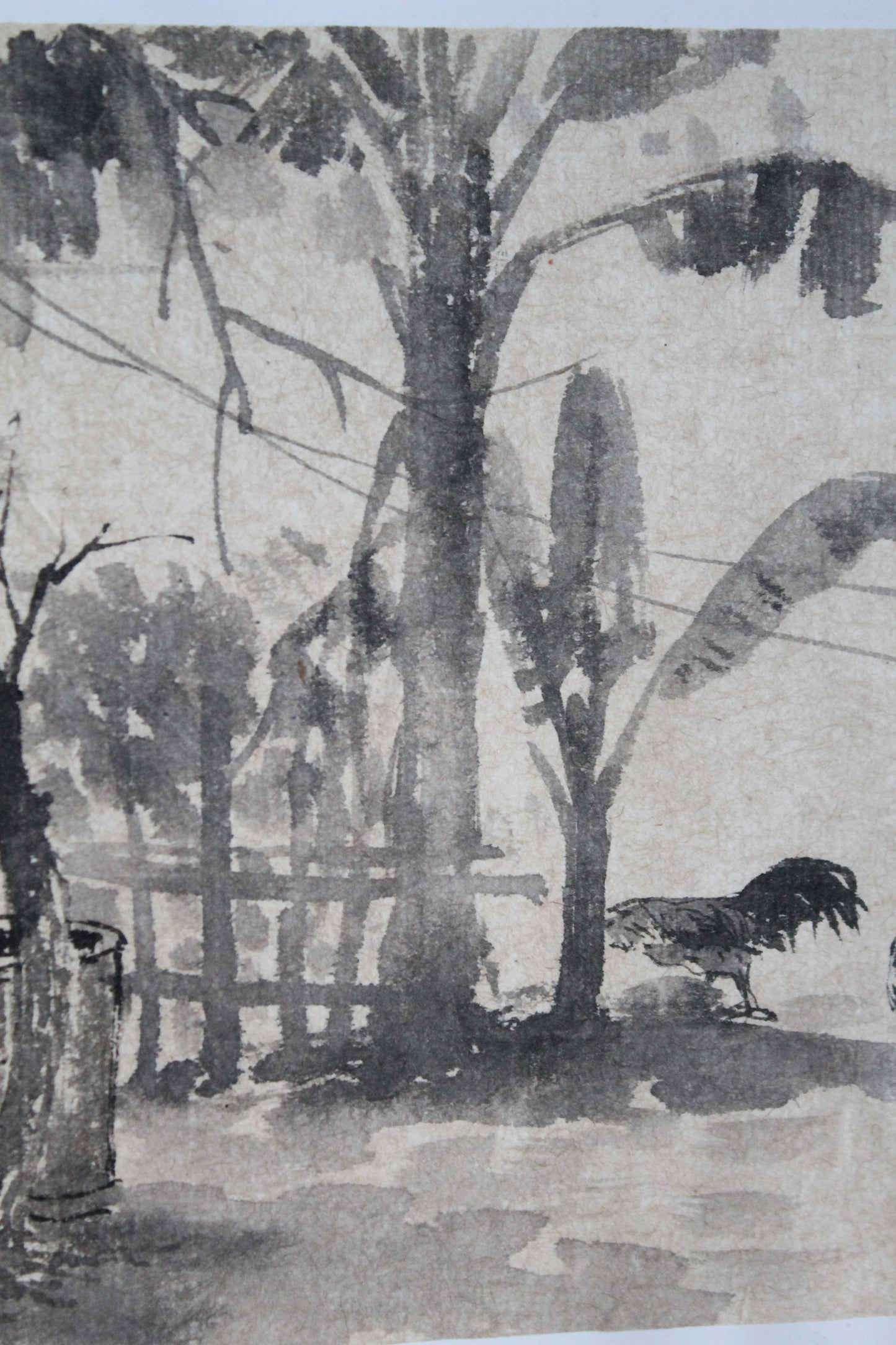 Tran Tu Thanh (1943) "Jardin vietnamien avec les coqs" encre de chine sur papier