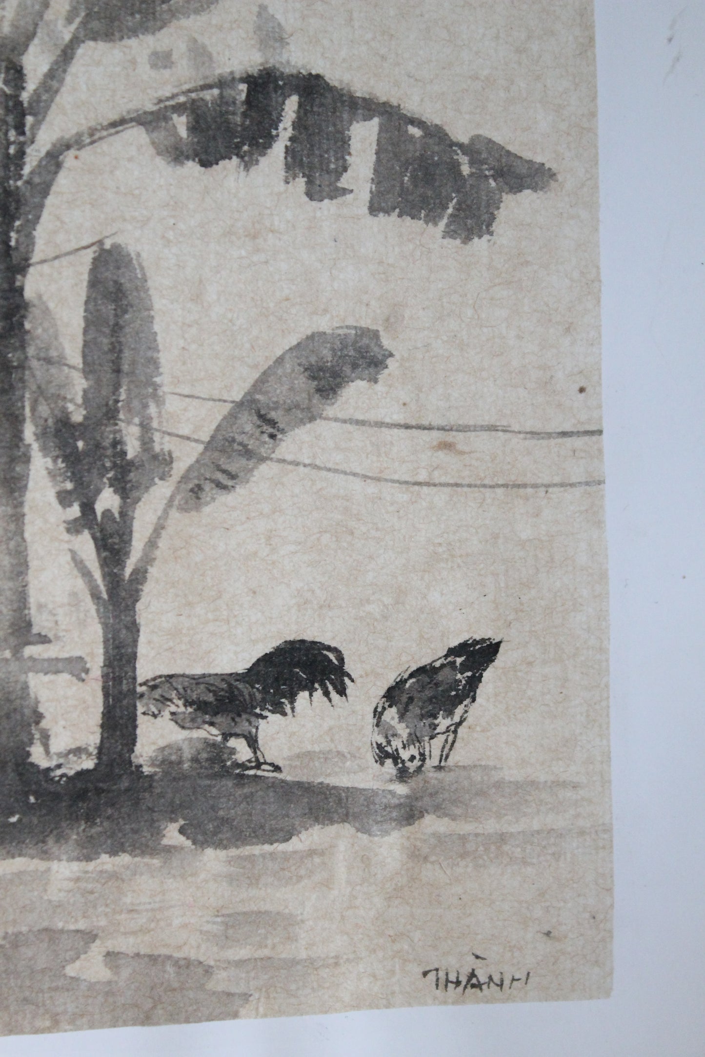 Tran Tu Thanh (1943) "Jardin vietnamien avec les coqs" encre de chine sur papier