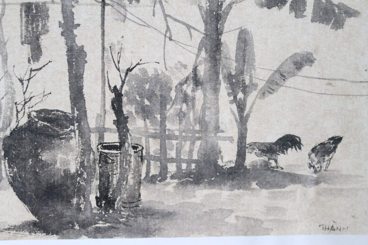 Tran Tu Thanh (1943) "Jardin vietnamien avec les coqs" encre de chine sur papier