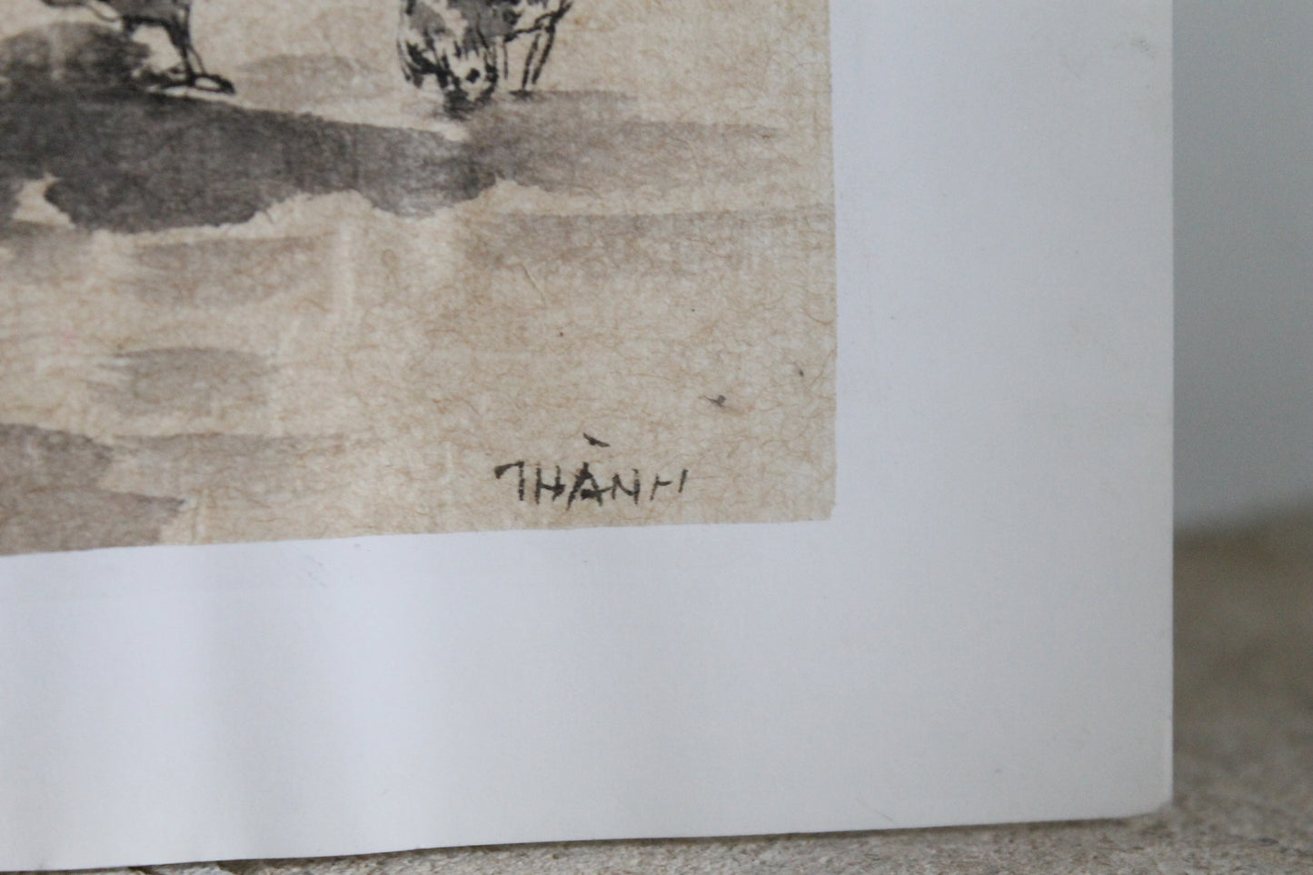 Tran Tu Thanh (1943) "Jardin vietnamien avec les coqs" encre de chine sur papier