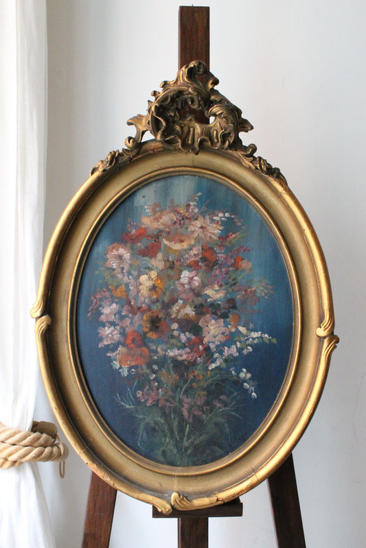 Maurice Legrand peinture sur bois "bouquet de fleurs roses" cadre doré rocaille