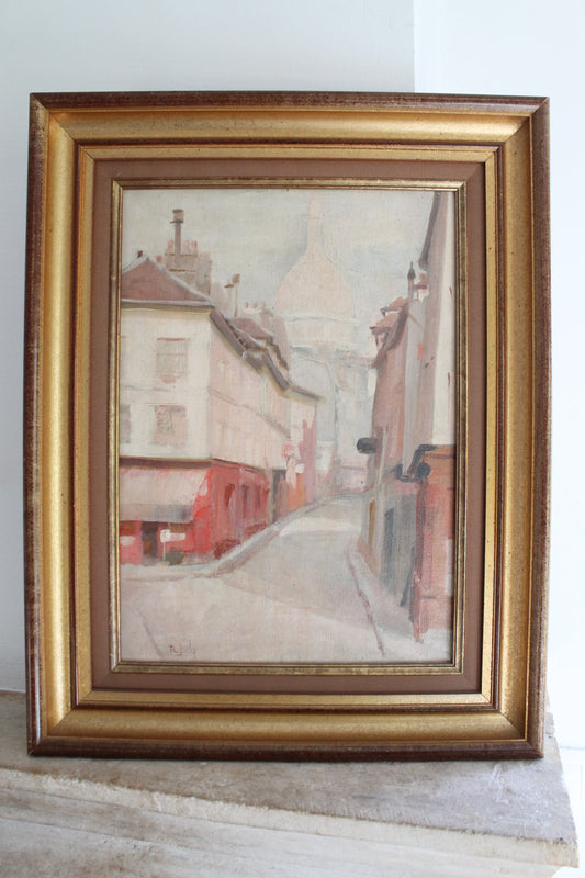 R.Joly "Rue Norvins à Montmartre avec vue sur le Sacré-Cœur" Huile sur toile
