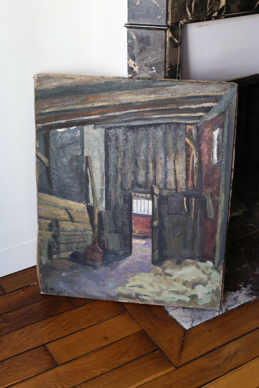 Louis Peyré (1923 - 2012) "Intérieur de grange" peinture sur toile