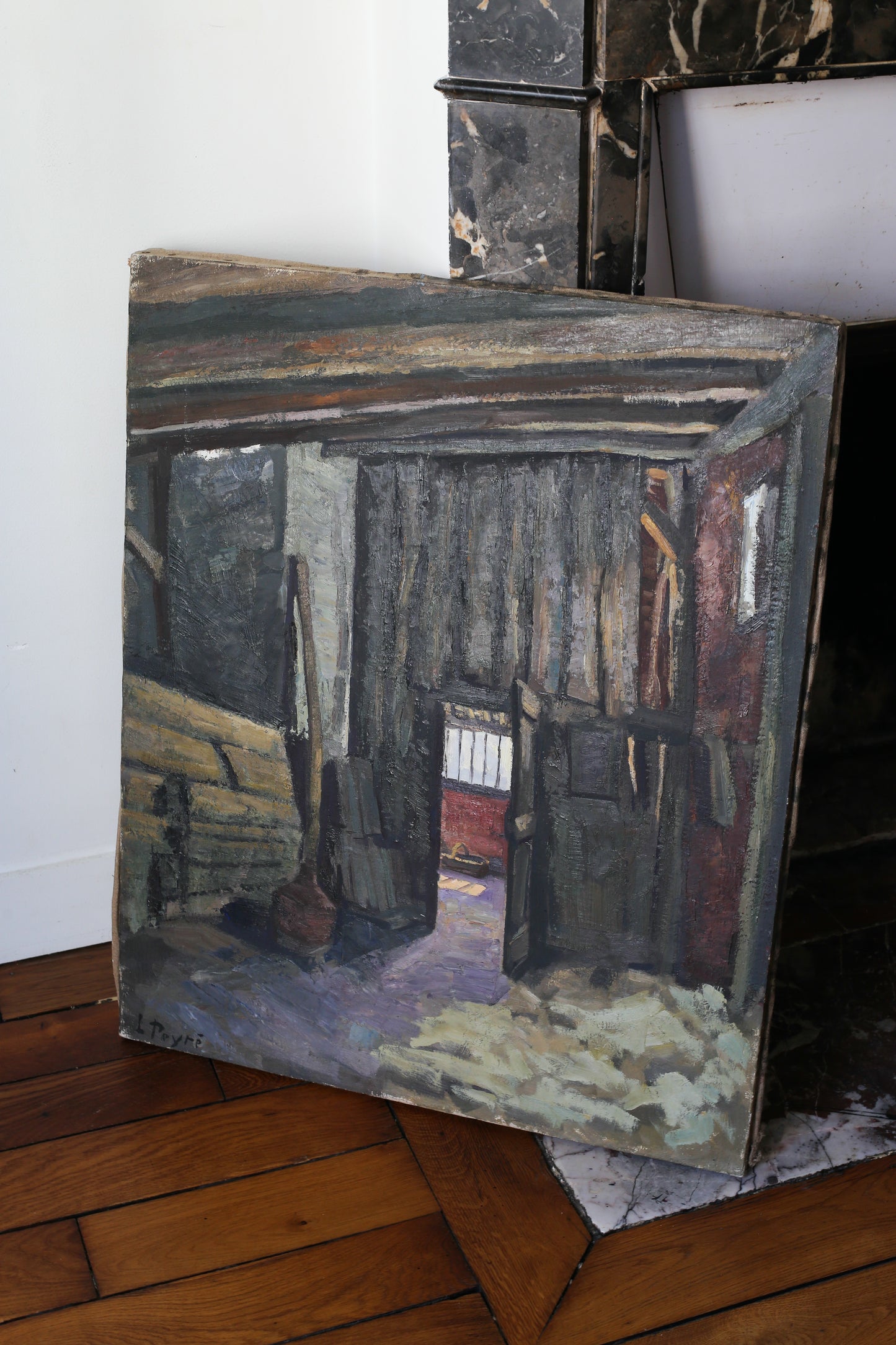 Louis Peyré (1923 - 2012) "Intérieur de grange" peinture sur toile