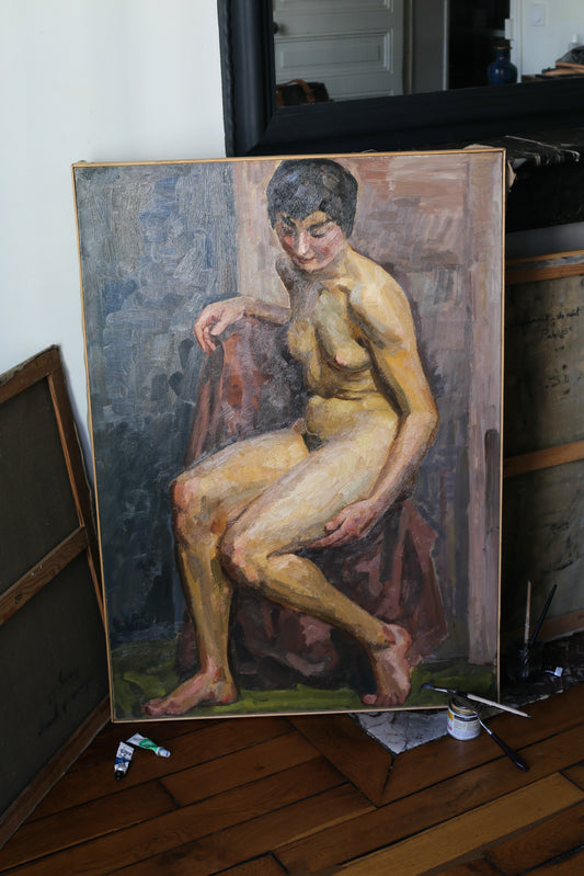 Louis Peyré (1923 - 2012) "nu assis" huile sur papier marouflé sur toile