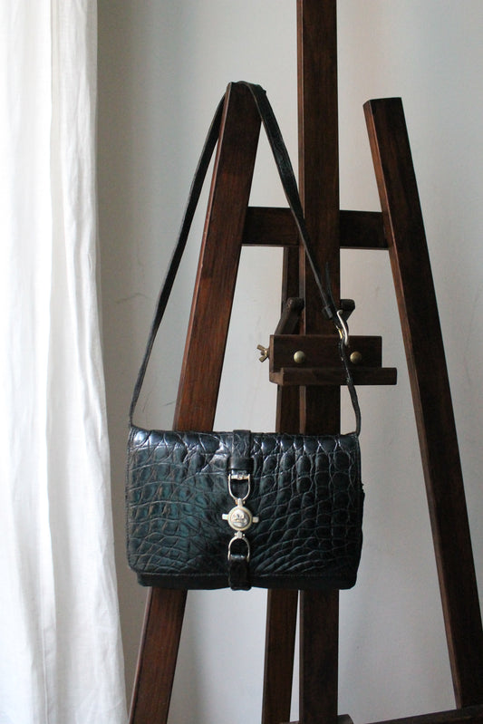 Céline sac à main modèle trio en cuir exotique (crocodile) noir