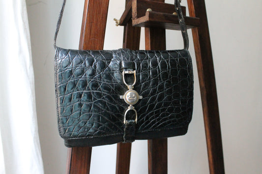 Céline sac à main modèle trio en cuir exotique (crocodile) noir