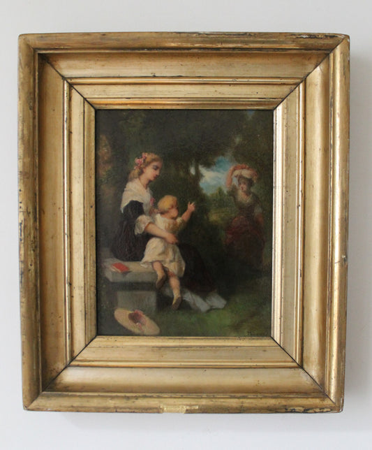 Jean-Baptiste Marie Fouque (1819 - 1880) "Promenade au jardin" huile sur panneau