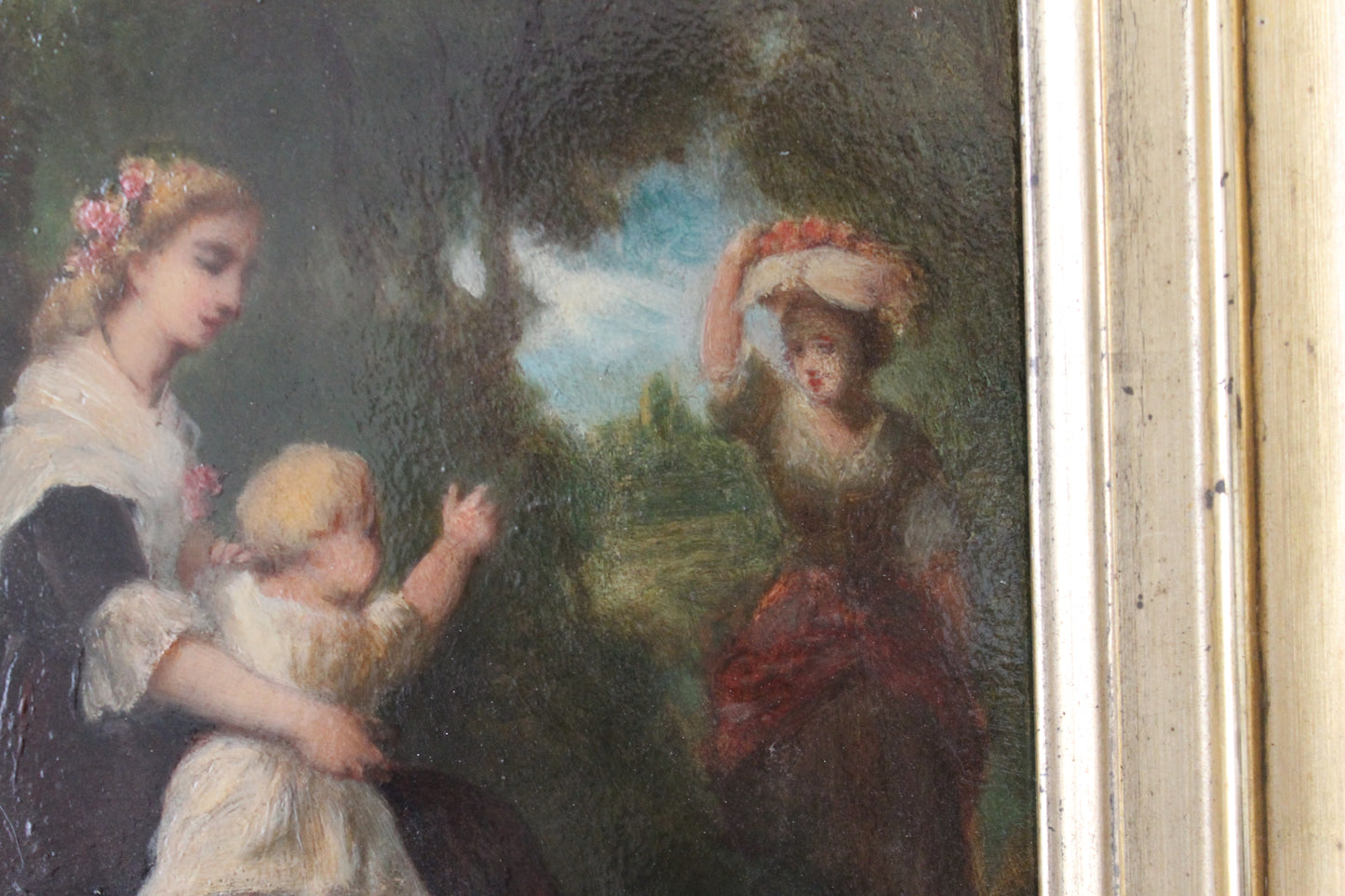 Jean-Baptiste Marie Fouque (1819 - 1880) "Promenade au jardin" huile sur panneau
