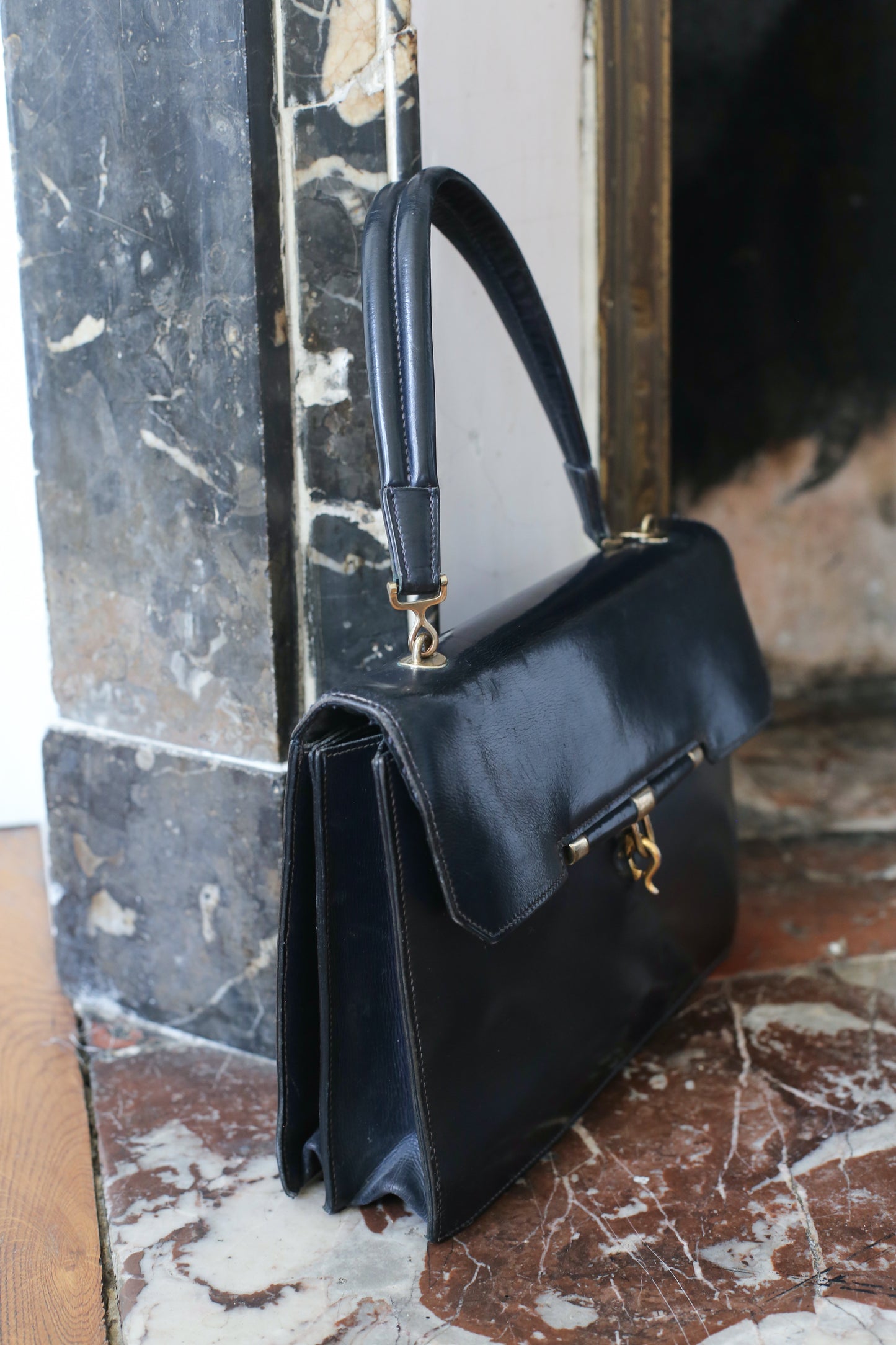 Hermès sac à main en cuir box bleu modèle Palonnier