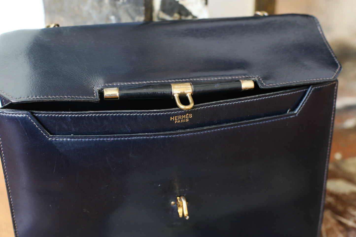 Hermès sac à main en cuir box bleu modèle Palonnier