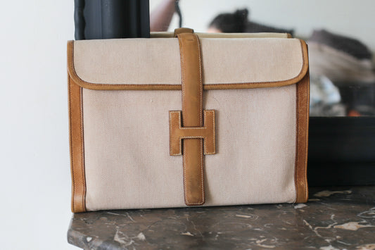 Hermès pochette en toile et cuir grainé modèle Jige