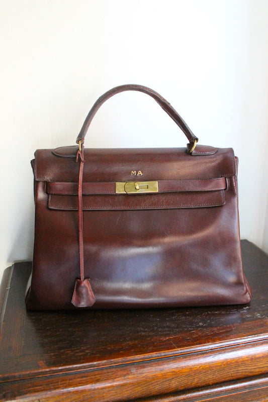 Hermès Paris sac Kelly 32 en cuir box bordeaux vintage