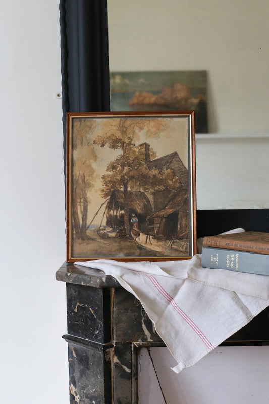 Aquarelle Adolphe Hervier XIXe siècle "Cour de ferme arborée" École de Barbizon