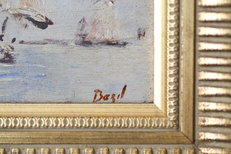 Bazil (XXe siècle) "Bateaux français sortant en mer" huile sur panneau