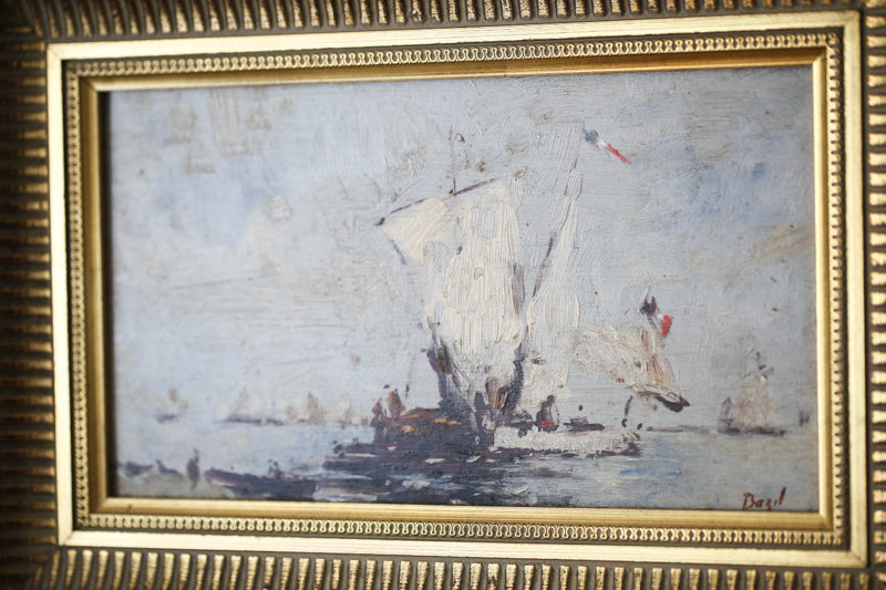 Bazil (XXe siècle) "Bateaux français sortant en mer" huile sur panneau