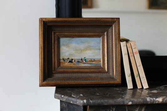 Louise Picard peinture sur bois du début du XXe siècle "Scène de plage animée"