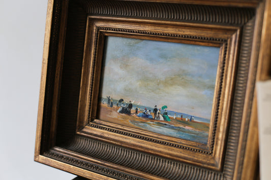 Louise Picard peinture sur bois du début du XXe siècle "Scène de plage animée"