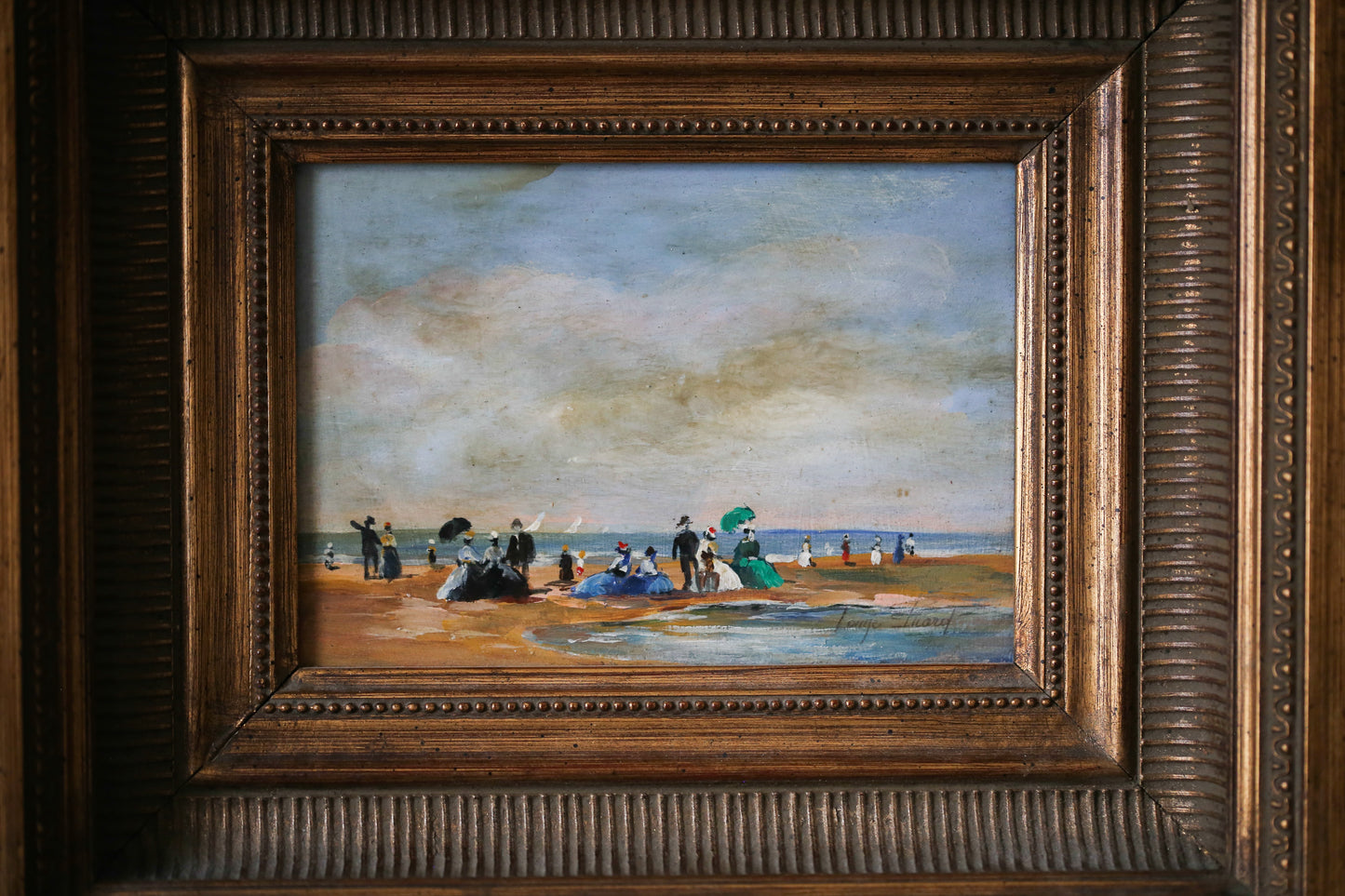 Louise Picard peinture sur bois du début du XXe siècle "Scène de plage animée"