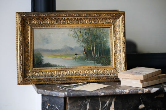 L.Henry Peinture sur panneau "Un homme solitaire contemplatif dans un paysage lacustre"