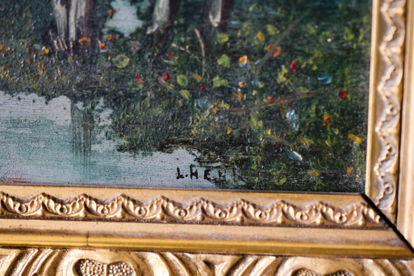 L.Henry Peinture sur panneau "Un homme solitaire contemplatif dans un paysage lacustre"