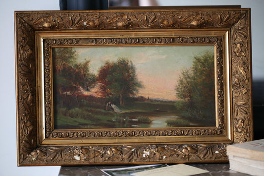 Peinture "amour à la tombée de la nuit" dans un cadre art nouveau