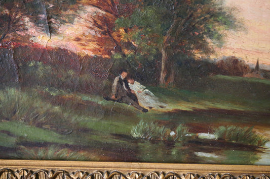 Peinture "amour à la tombée de la nuit" dans un cadre art nouveau