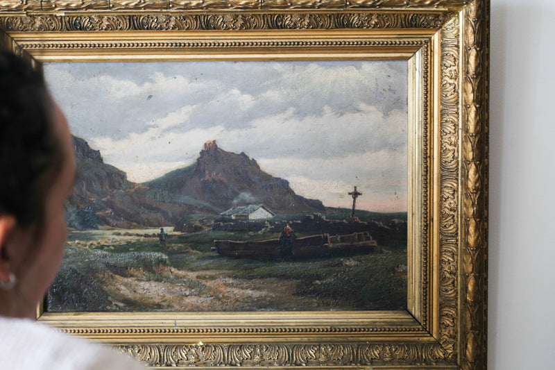 A.Micol huile sur panneau "La marche dans les Pyrénées basques" 1886