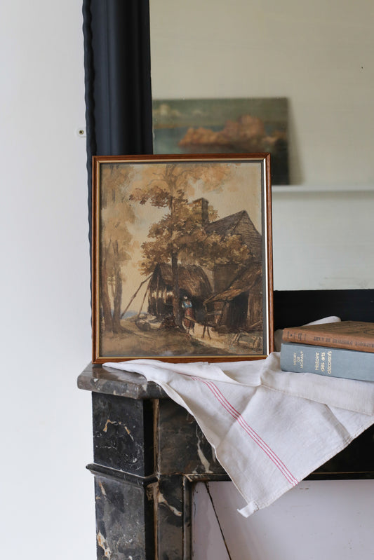 Aquarelle "Cour de ferme" signée Adolphe Hervier (1818 - 1879)