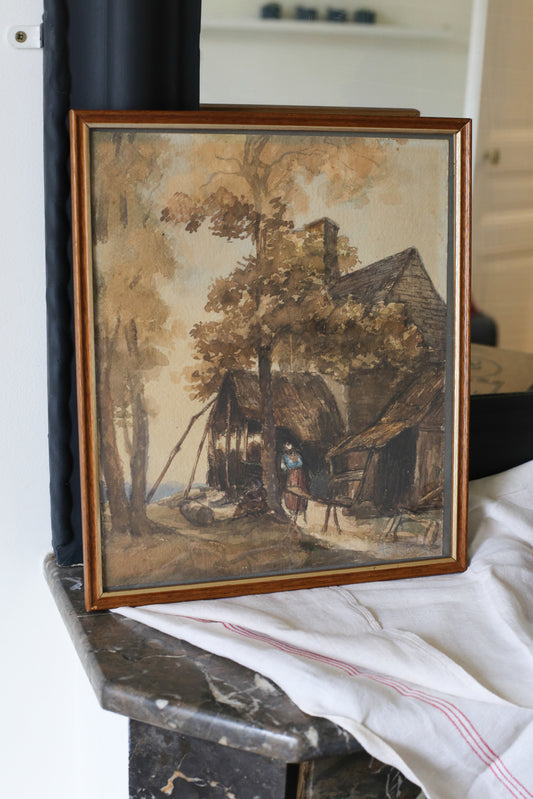 Aquarelle "Cour de ferme" signée Adolphe Hervier (1818 - 1879)