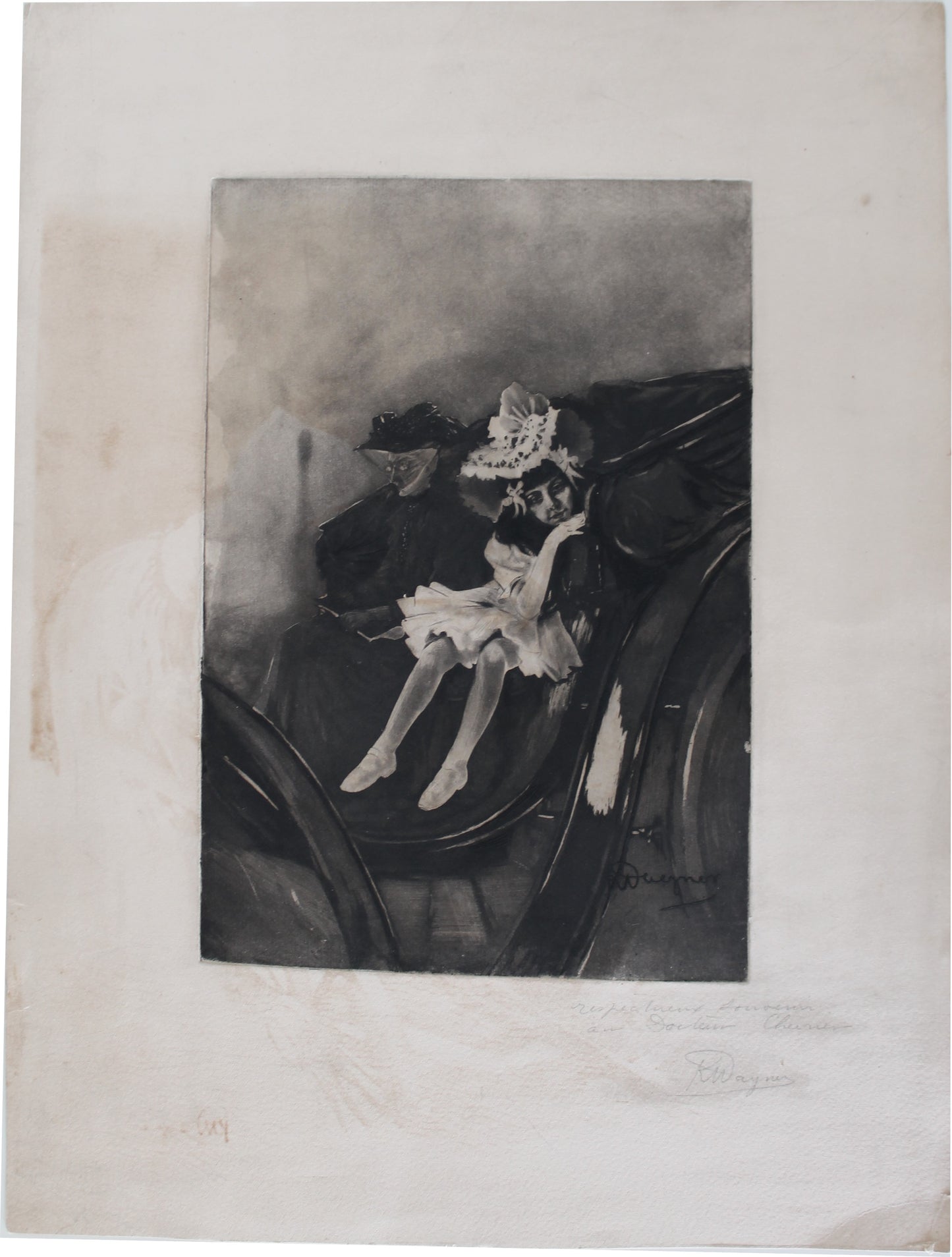 Karl Wagner (1839 - 1929) "jeune fille dans sa calèche" gravure signée manuscritement