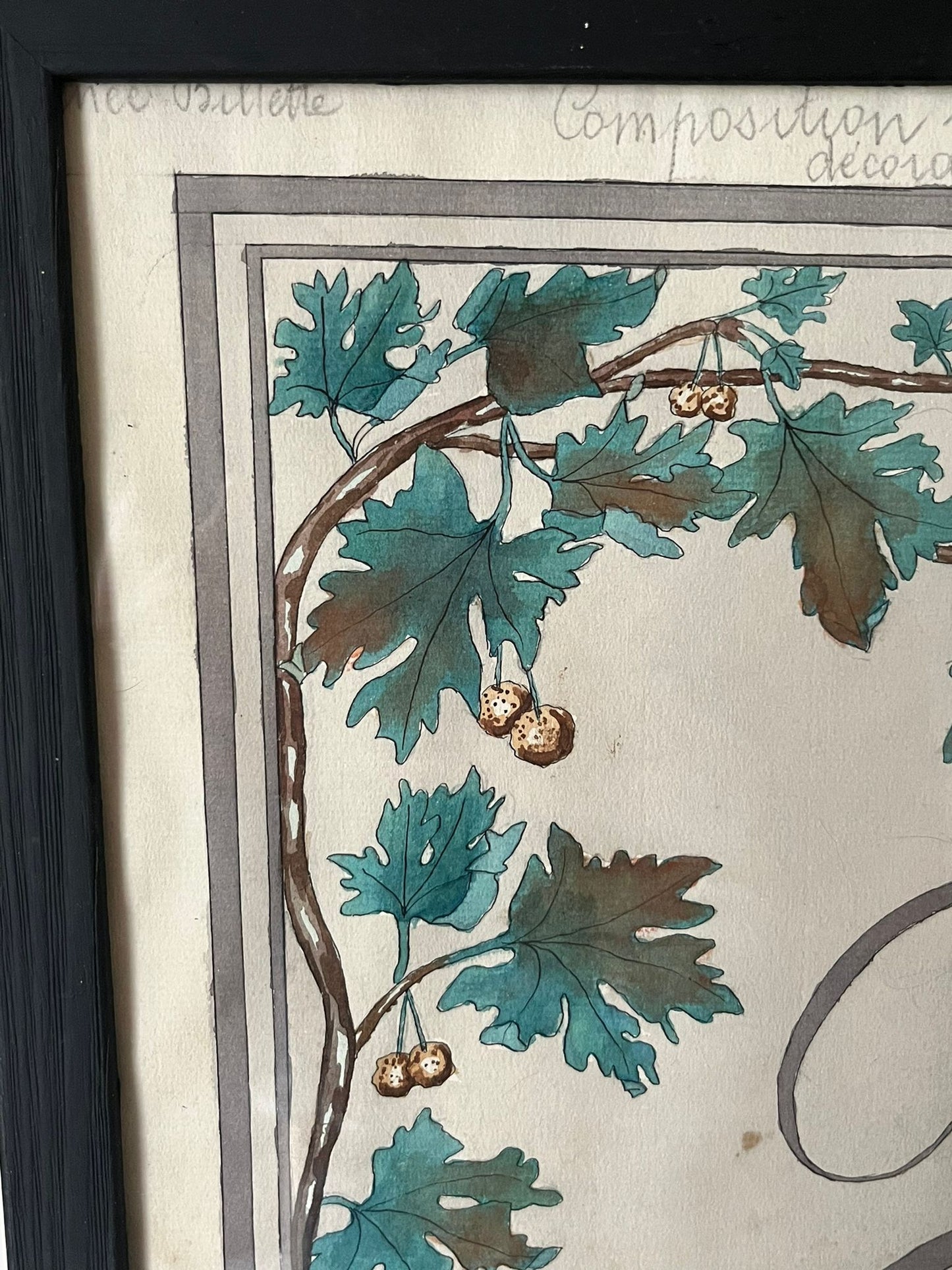 Aquarelle à décor de feuilles réalisée par Renée Billette en 1912
