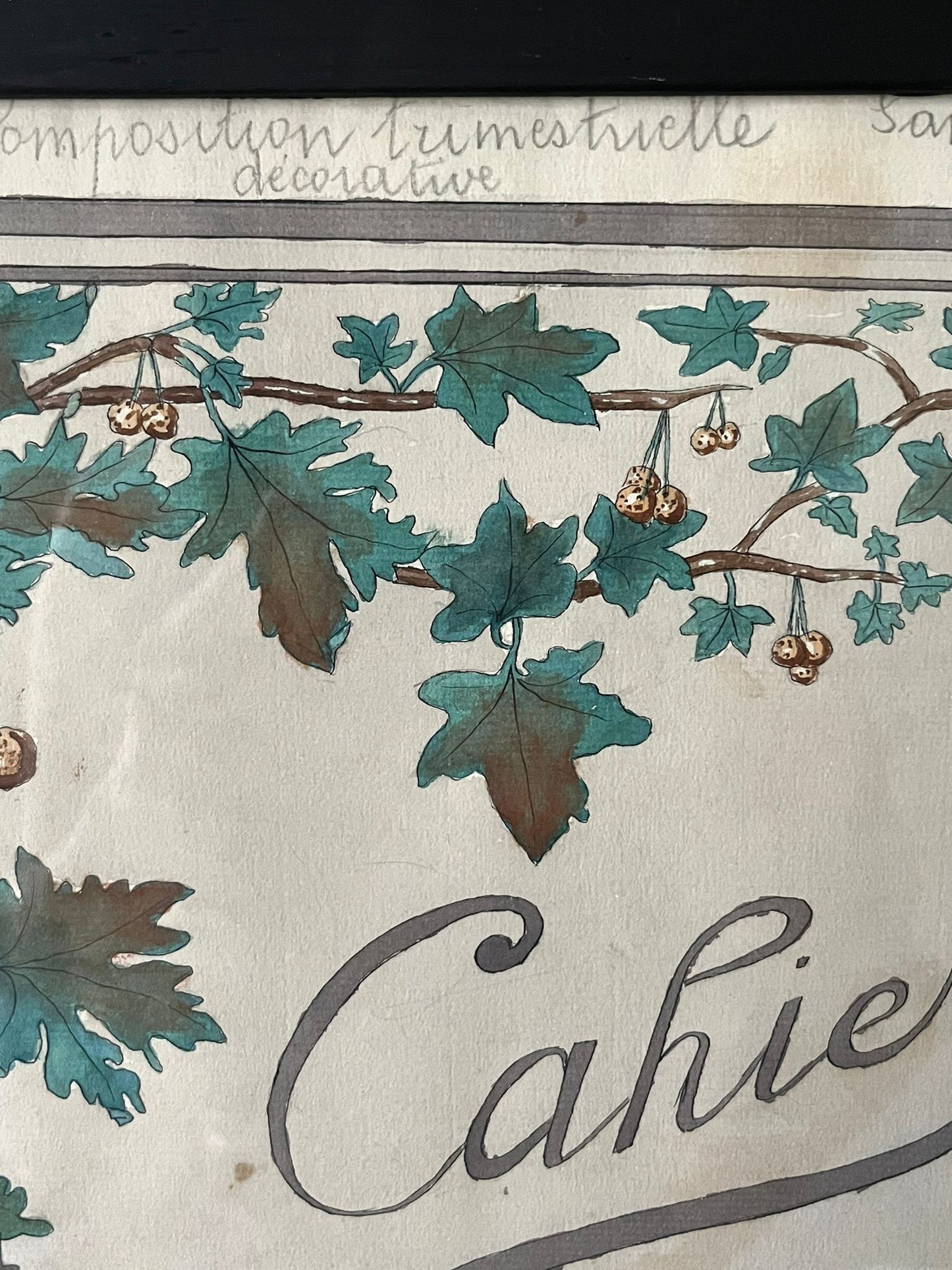 Aquarelle à décor de feuilles réalisée par Renée Billette en 1912