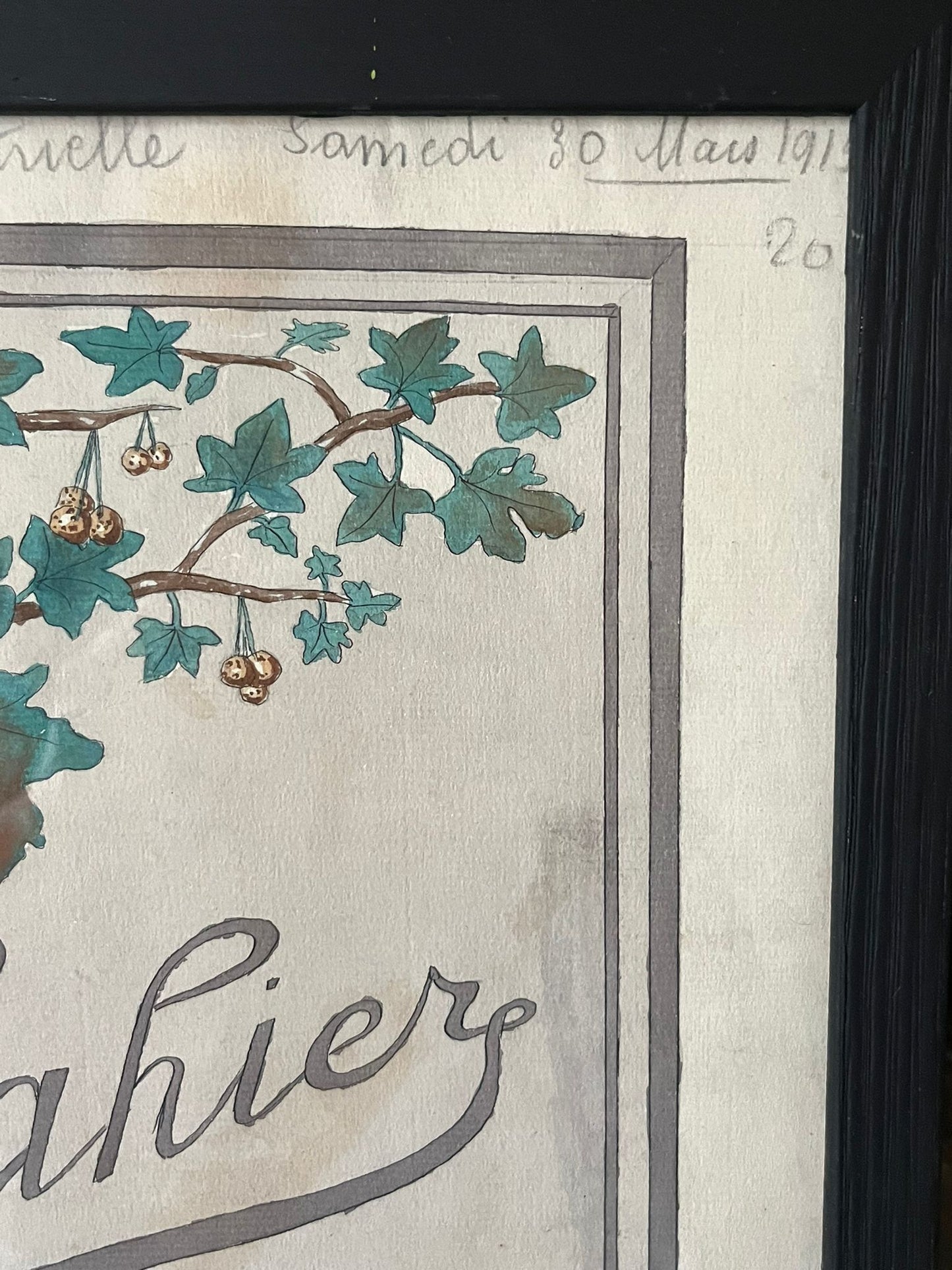 Aquarelle à décor de feuilles réalisée par Renée Billette en 1912
