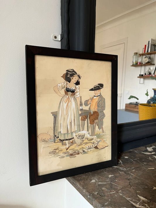 E. Maudy (1866 - 1944) Lithographie de l'Alsace représentant un couple en costumes traditionnels