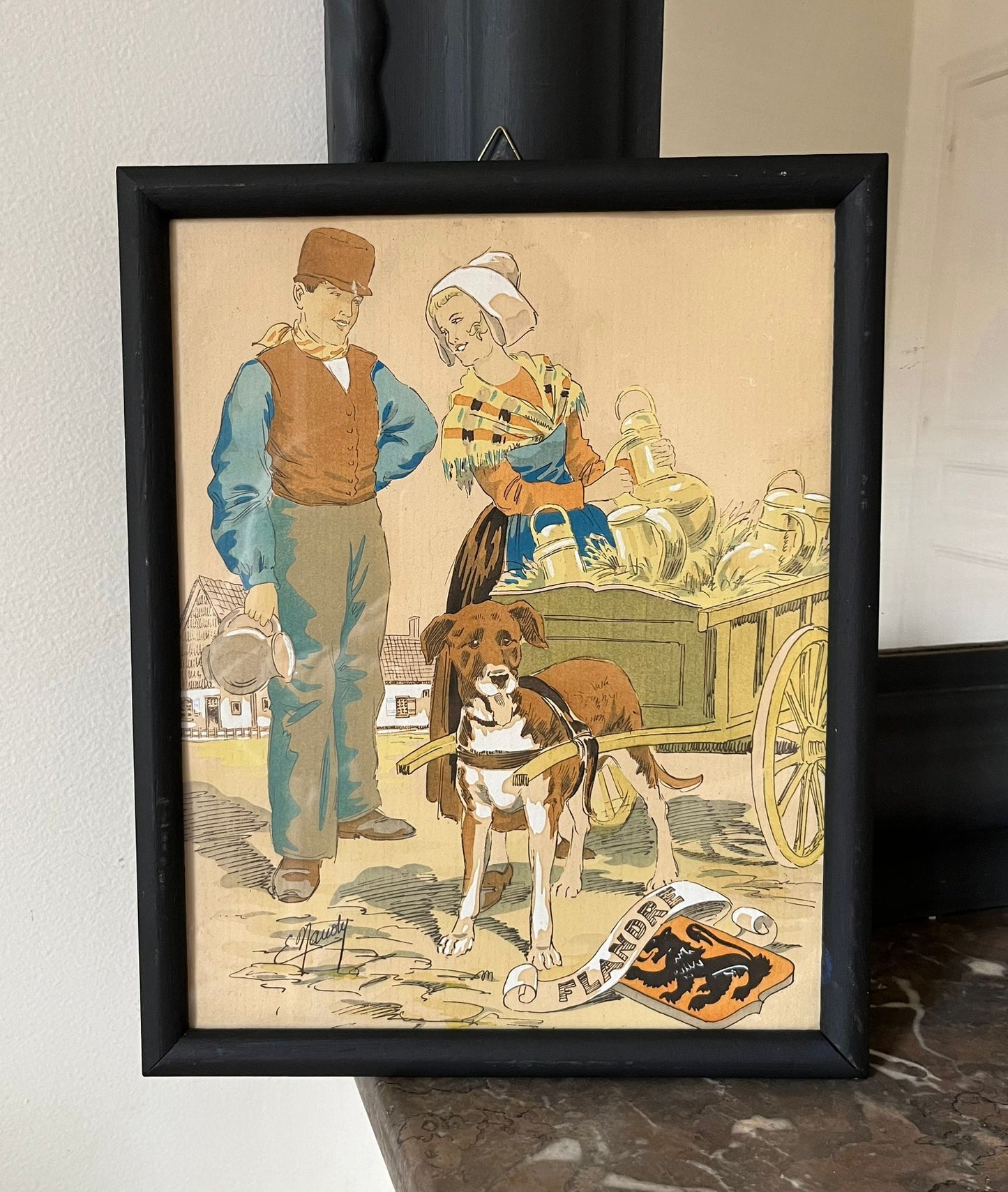 E. Maudy (1866 - 1944) Lithographie de la Flandre représentant un couple de fermiers