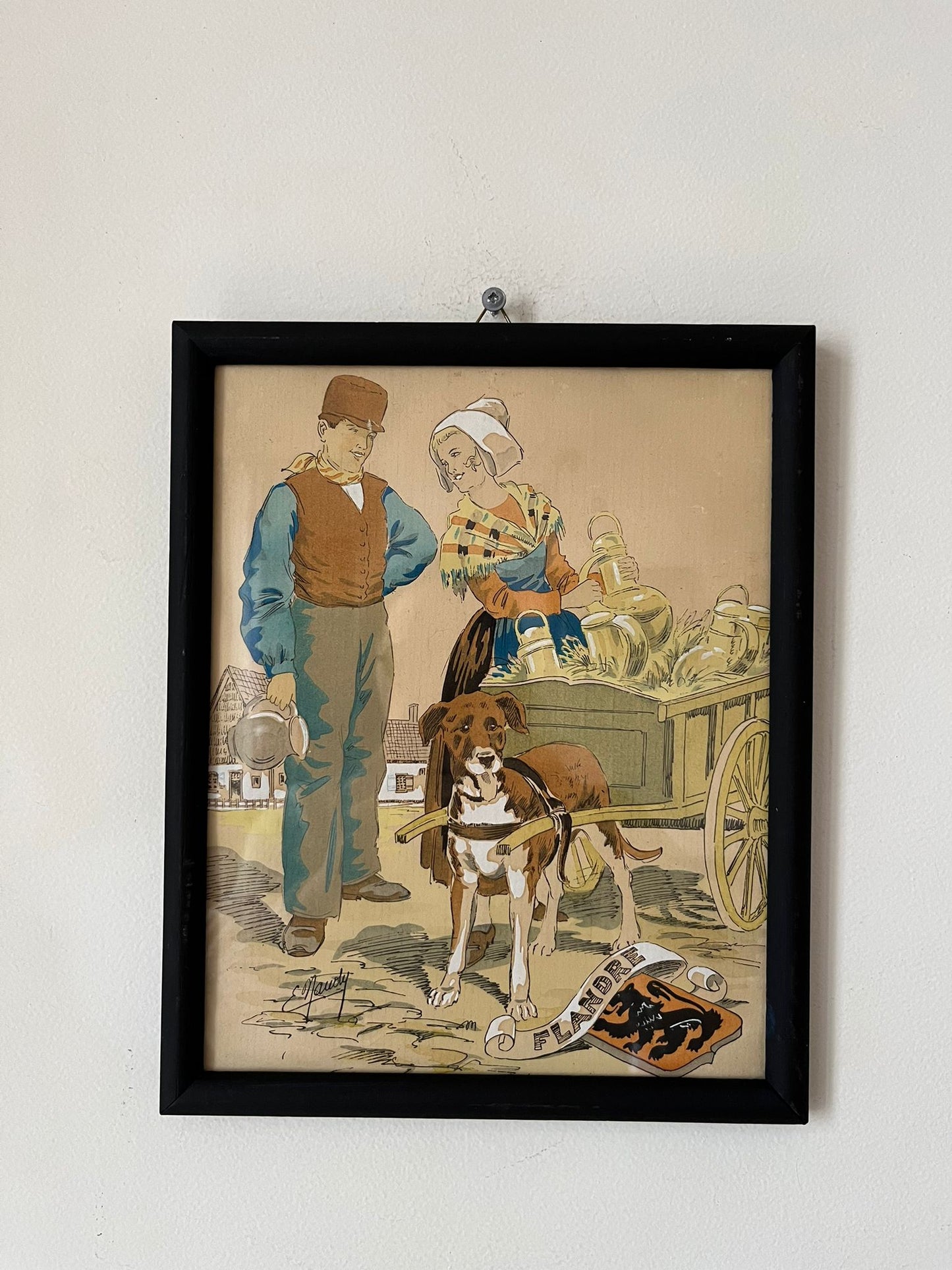 E. Maudy (1866 - 1944) Lithographie de la Flandre représentant un couple de fermiers